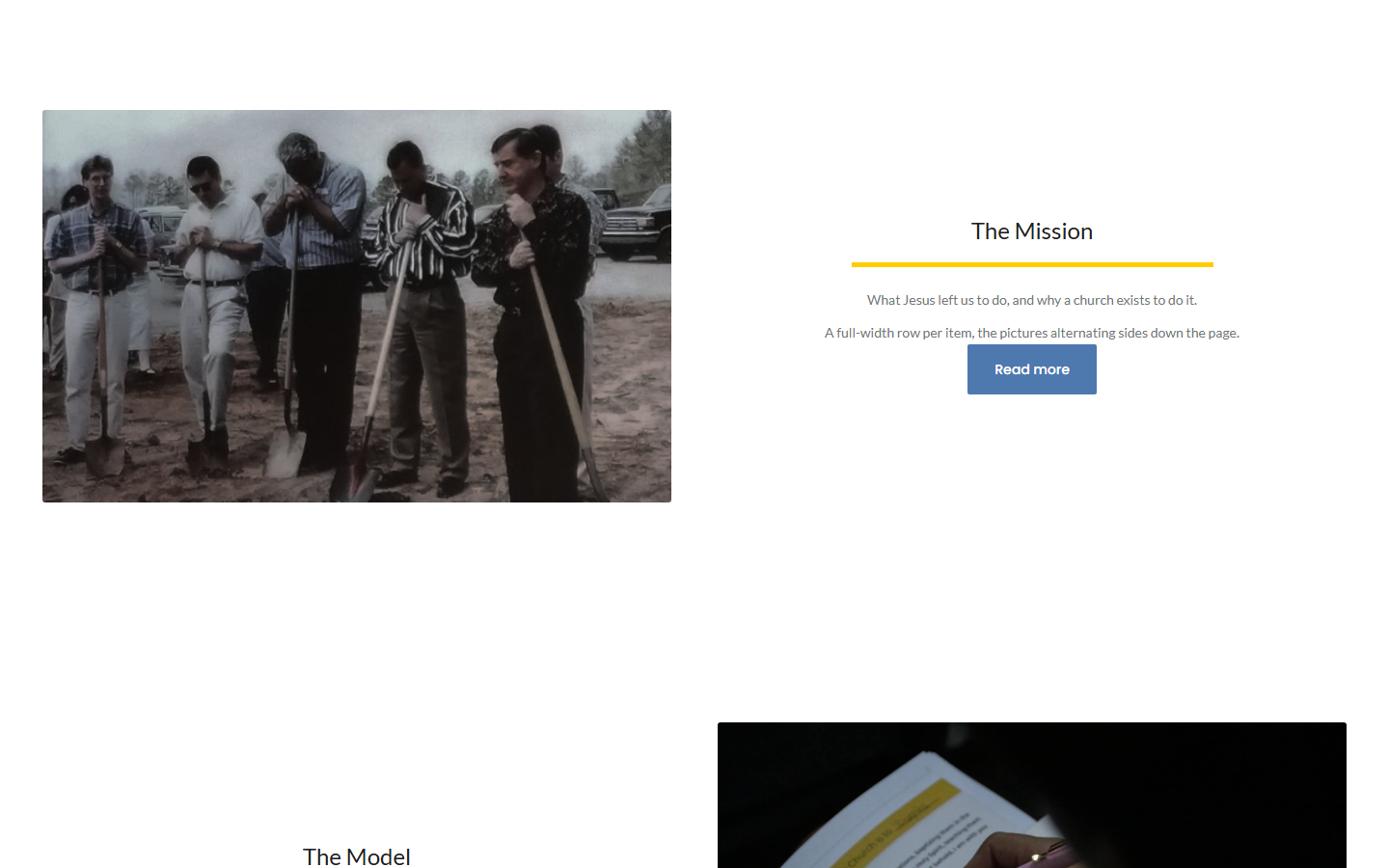 Alternating rows: a full-width row per item, picture sides alternating.