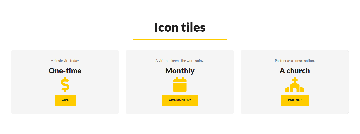 Icon tiles: an icon, a title, text and a button per tile.