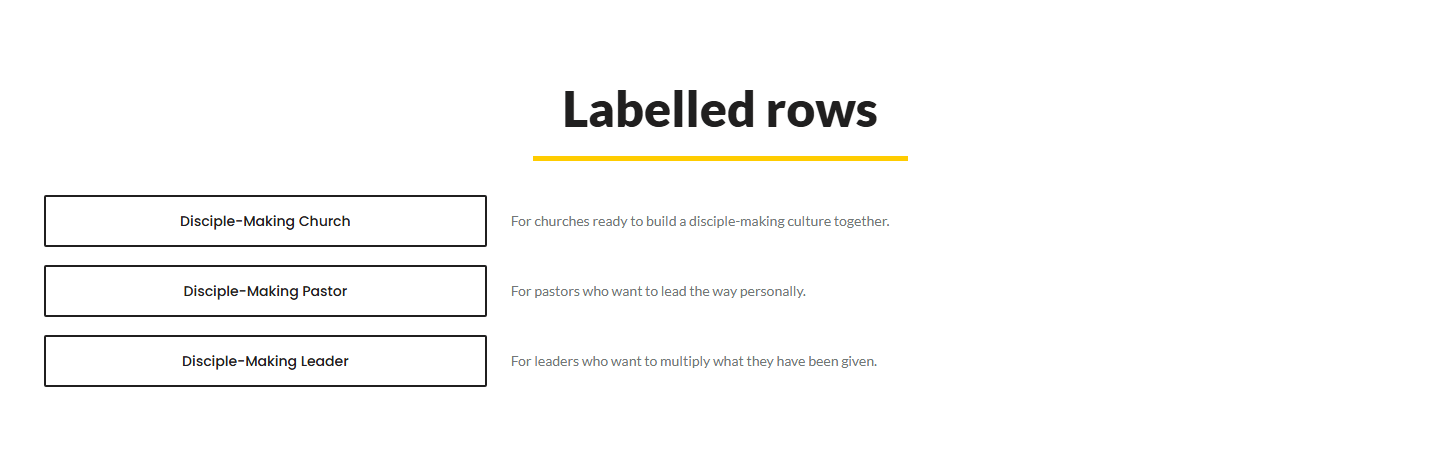 Labelled rows: a button on the left, a line of explanation on the right.