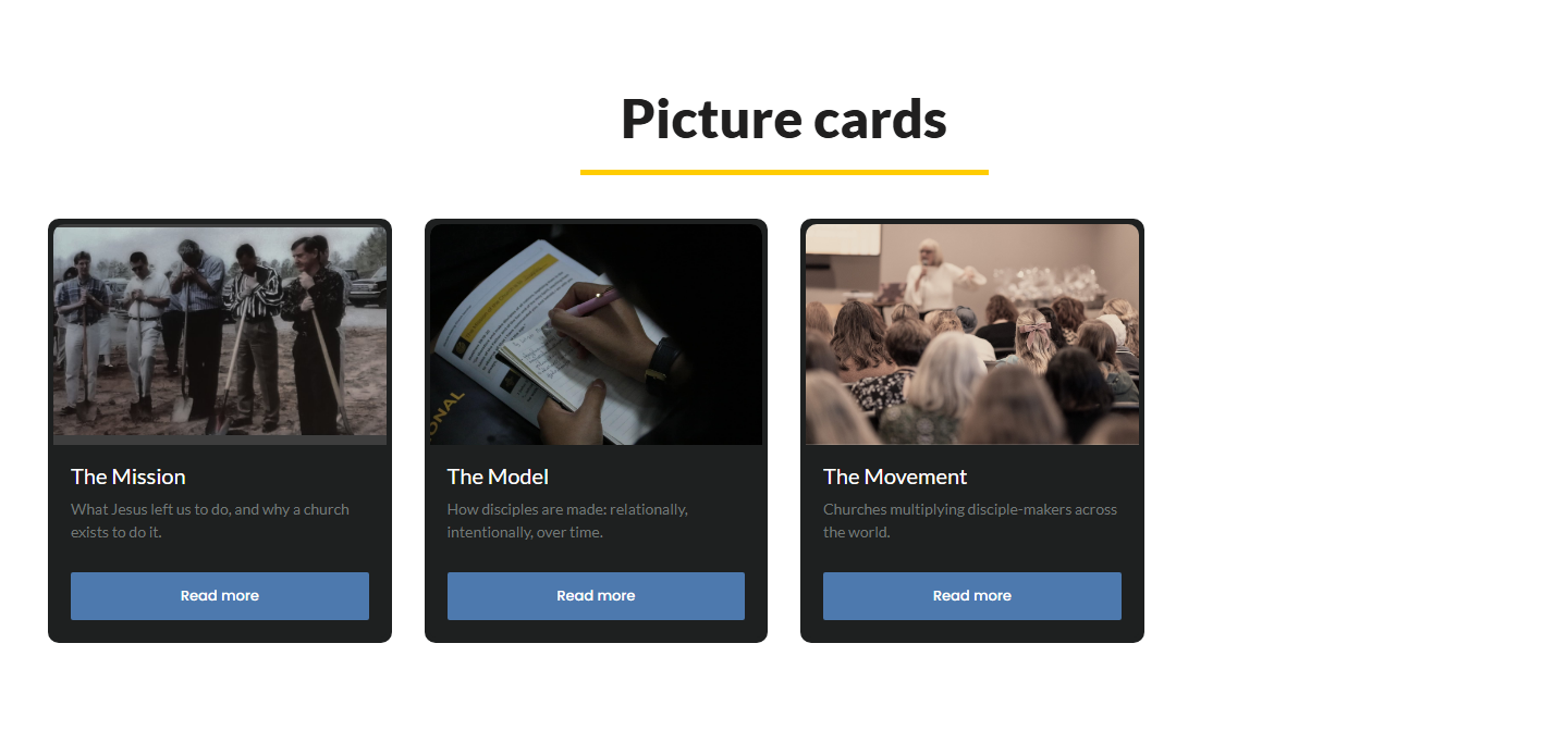 Picture cards: a picture, a title, a line of detail and copy, framed or not, with a button or without.