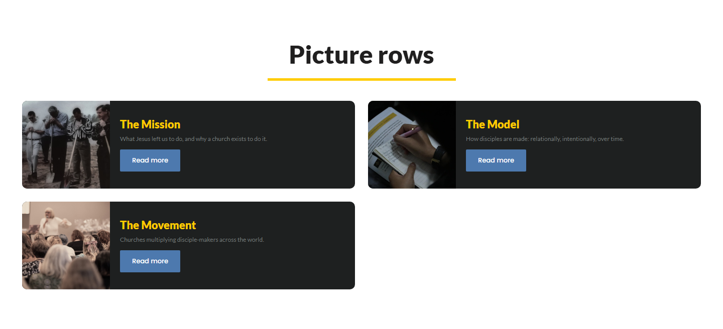 Picture rows: wide cards, each a square picture beside its title and text.