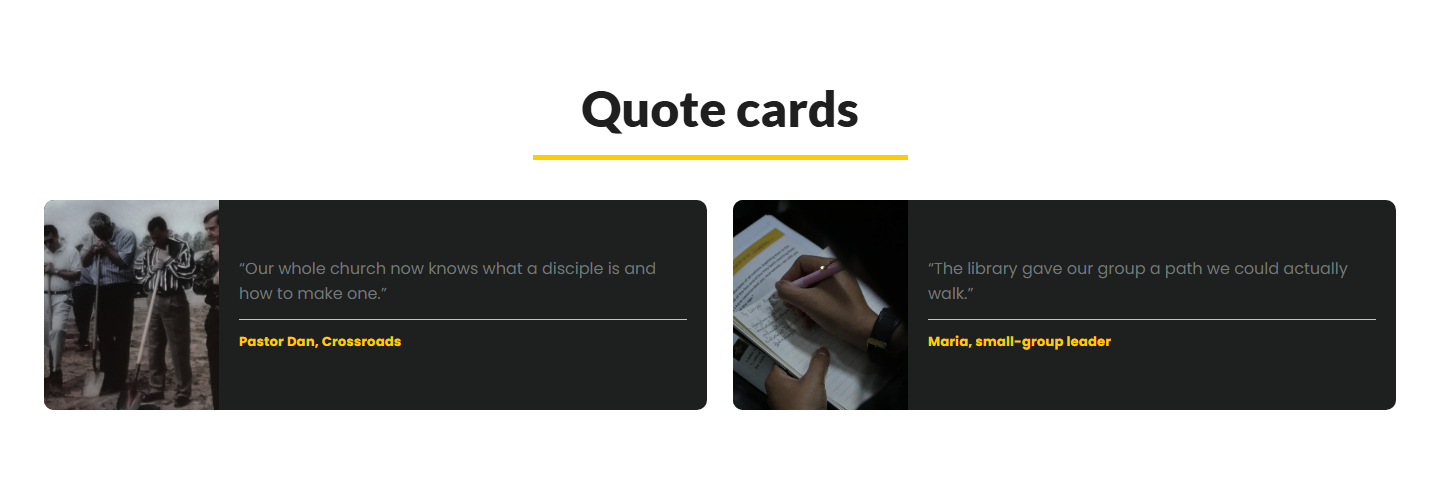 Quote cards: a square photo beside a quote, with who said it underneath. The words are typed here.