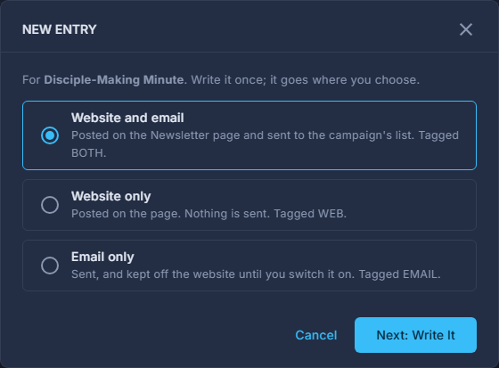 NEW ENTRY: Website and email, Website only, or Email only. Next: Write It opens the designer.
