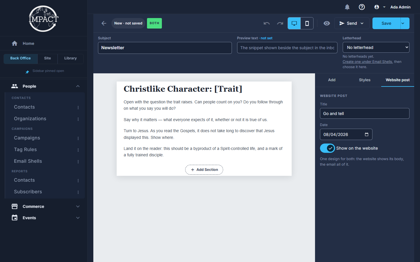 An issue in the designer: the subject across the top, the BOTH tag, and the Website post tab open on the right.