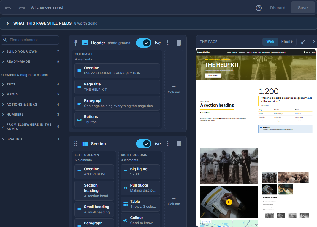 The Page Designer: the structure rail on the left, the element library, and the live page preview
