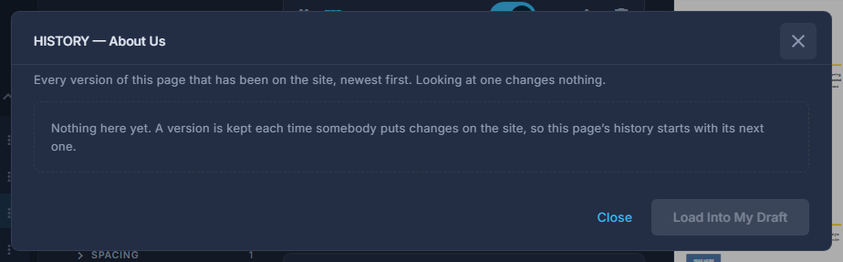 History: every version that has been on the site, newest first, and the one you pick drawn on the right as the site would draw it.