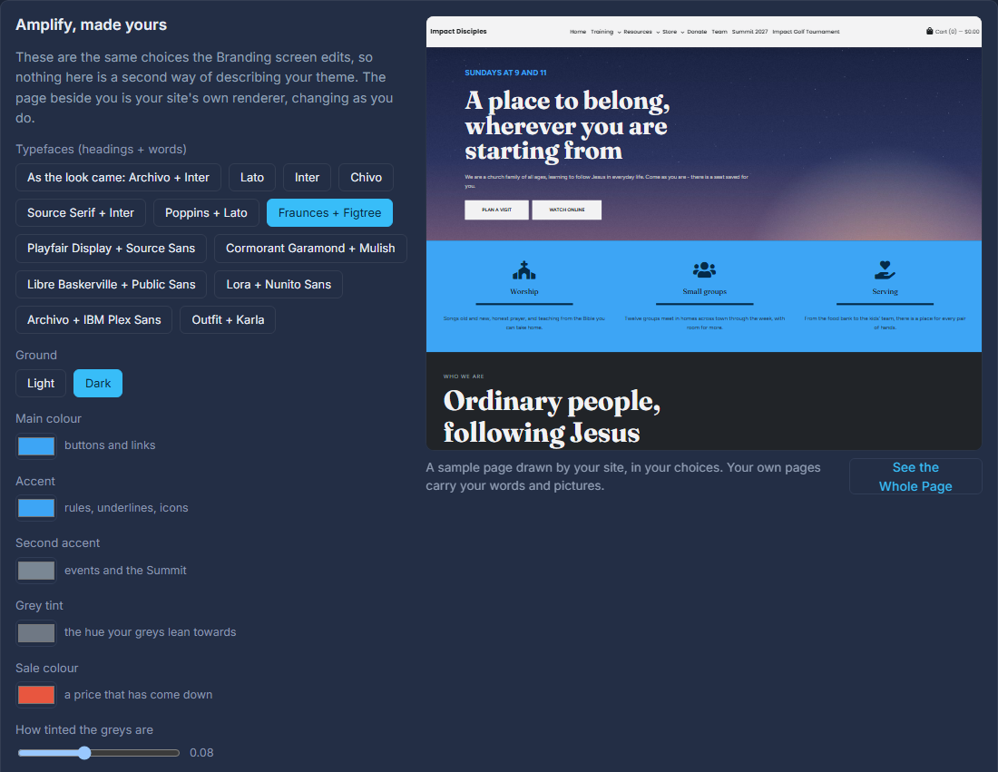 The admin's Make it yours screen: brand seeds on the left, the ministry's own site redrawing on the right