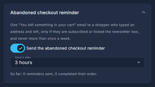 Abandoned checkout reminder: how long to wait, and what it sends.