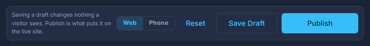 Above the preview: Reset, Save Draft, Publish, and the Web | Phone switch.