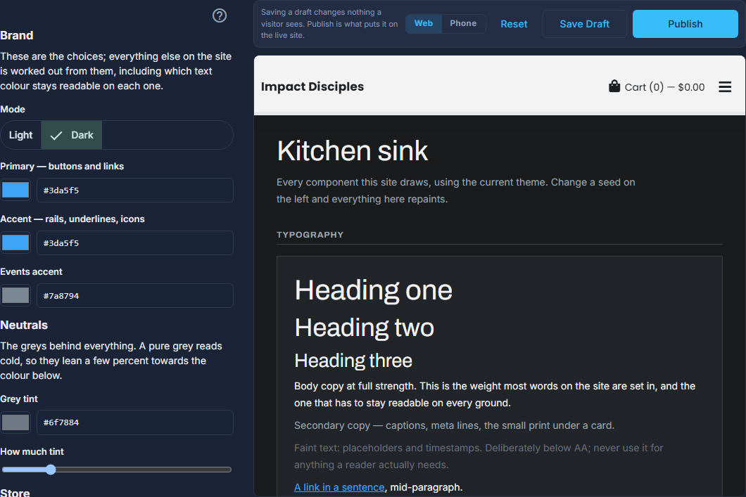 Brand settings in the admin, with a live kitchen-sink preview of every control beside them