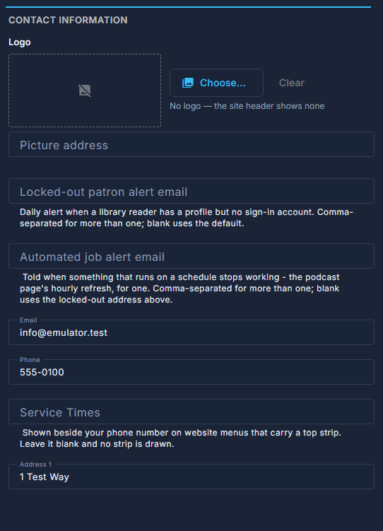 Contact Information: the logo, the two alert addresses, then Email, Phone and the address.
