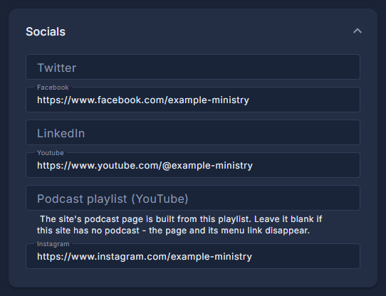 The right-hand column: the newsletter name, the social accounts, the podcast playlist and the publishing identity.