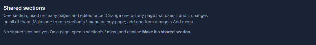 Shared Sections, under Site. Each row is one section, the pages it is on, when it changed, and whether changes are waiting.