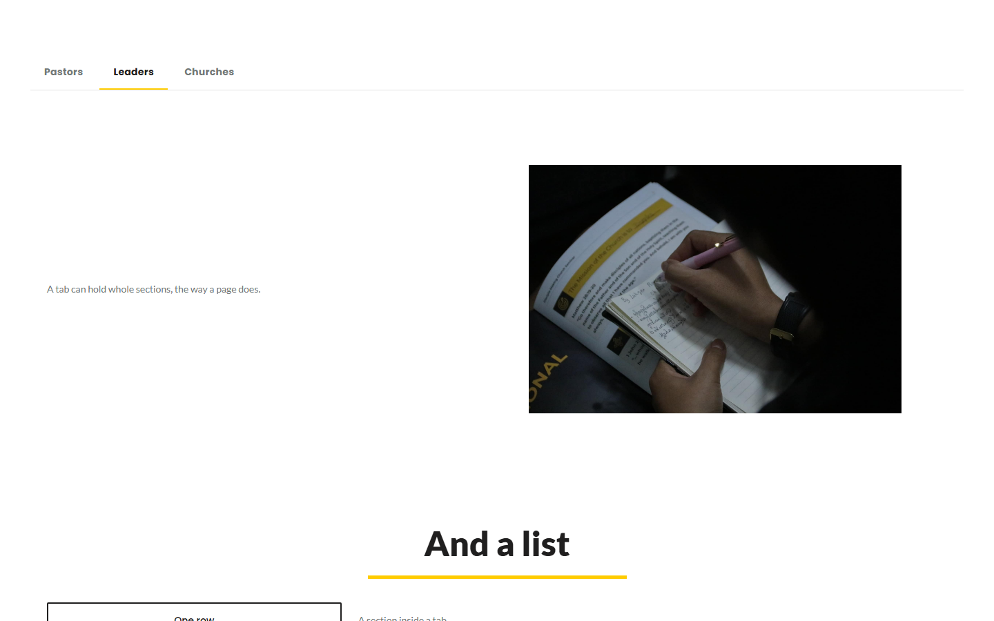 A tab built out of sections, on the site: a Section and a List inside the one tab.