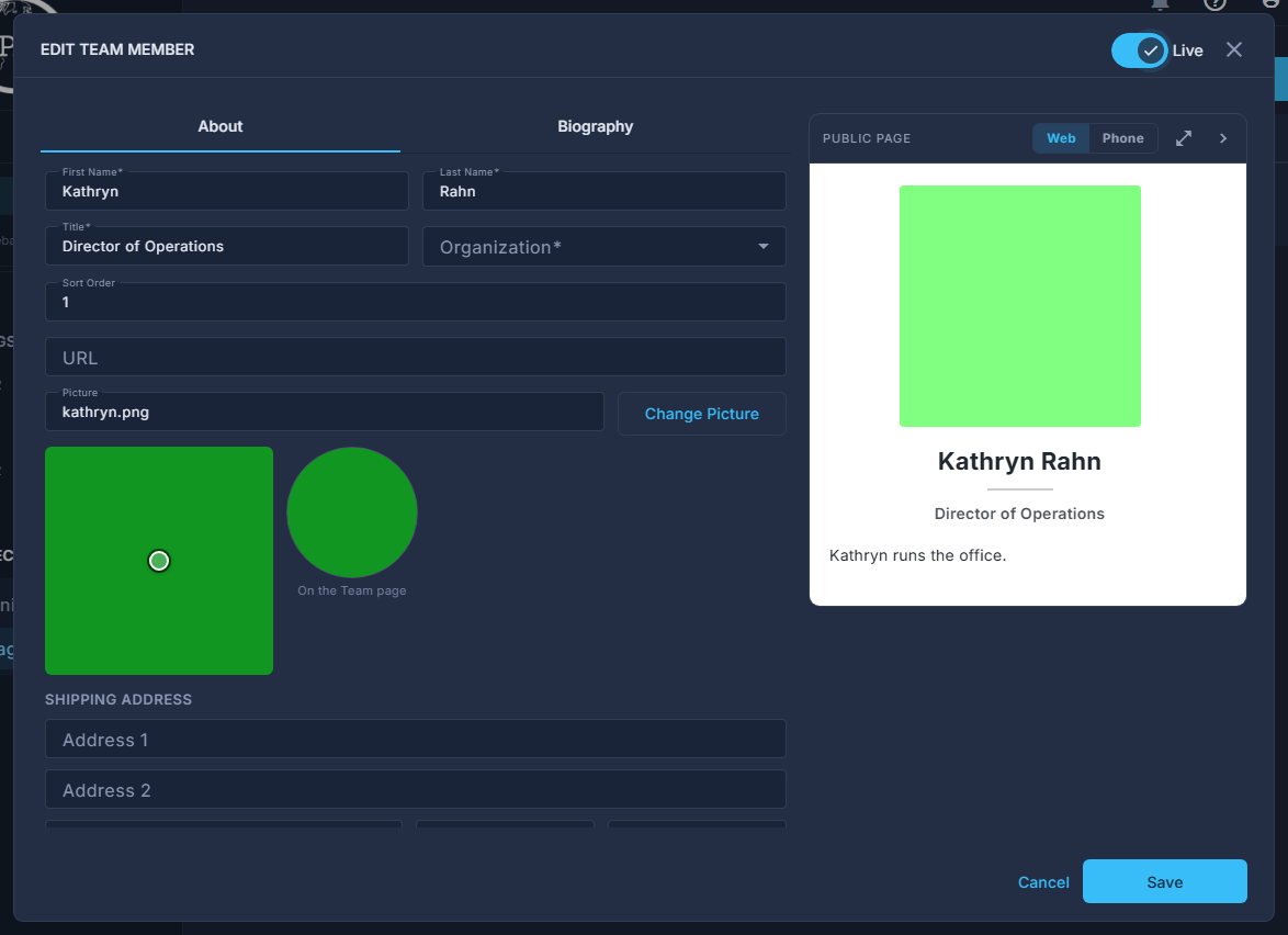 One team member open: the About tab, and the public page drawn on the right.