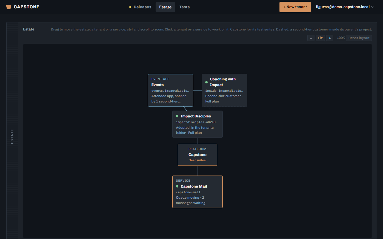 The console's estate map: Coaching with Impact drawn inside Impact Disciples