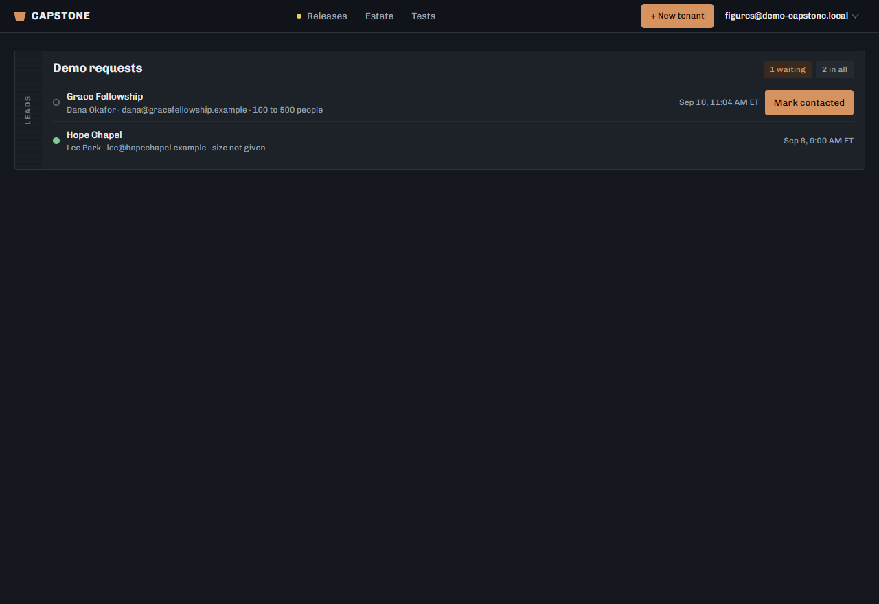Leads: every demo request from the public site, newest first.