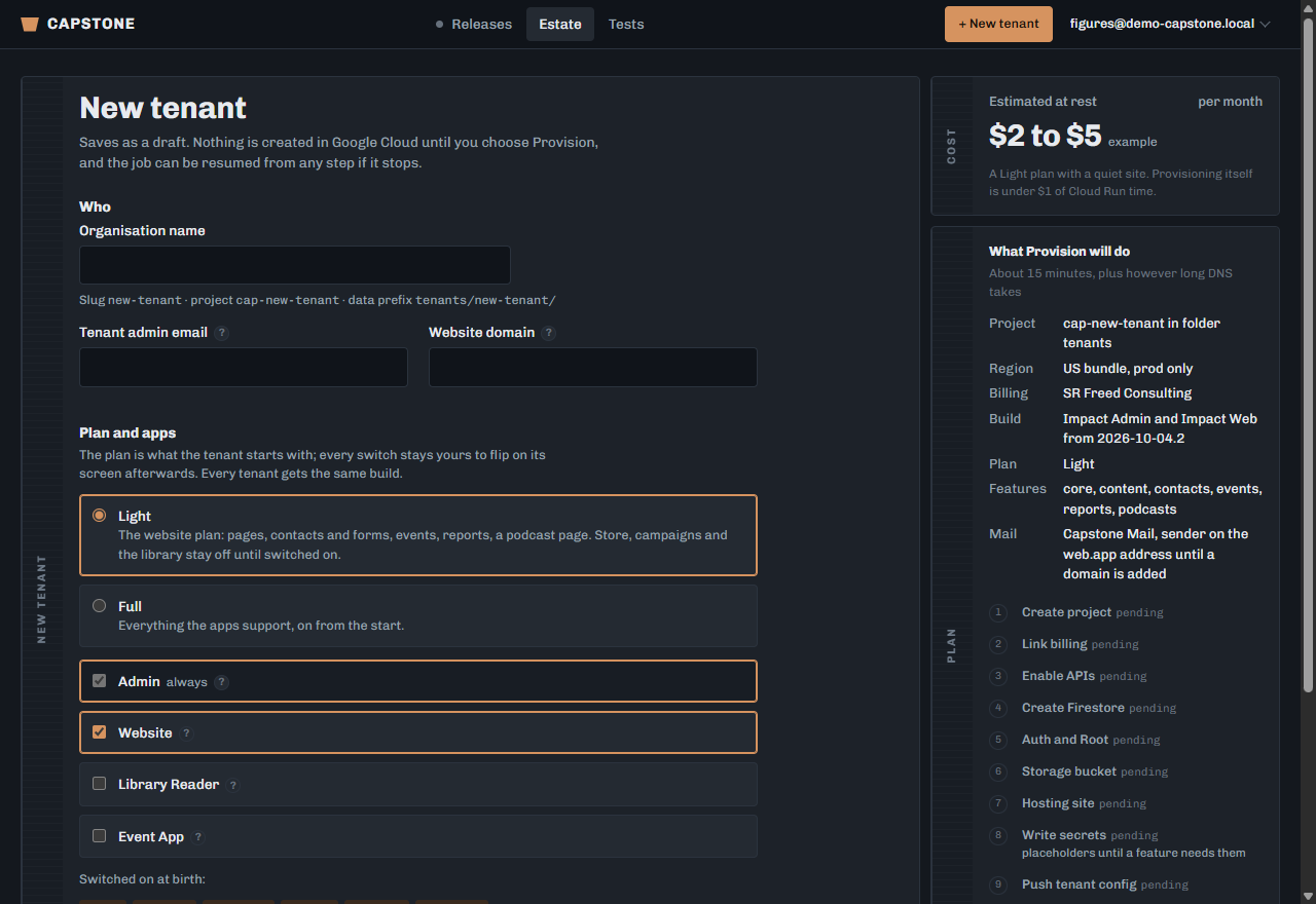 The Capstone console's New tenant form, with the provisioning plan listed beside it