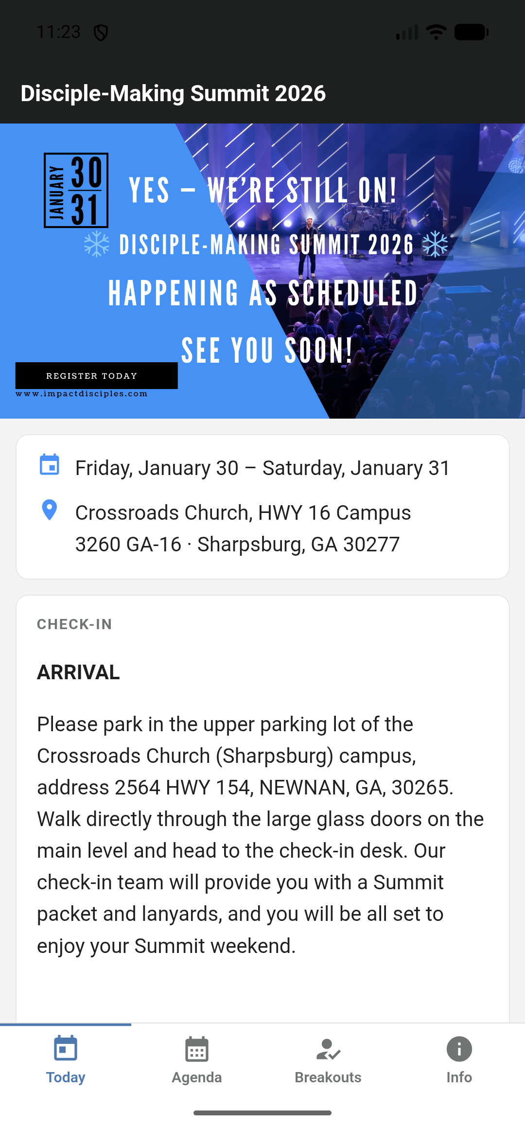 The event app on a phone: the Today screen for a summit